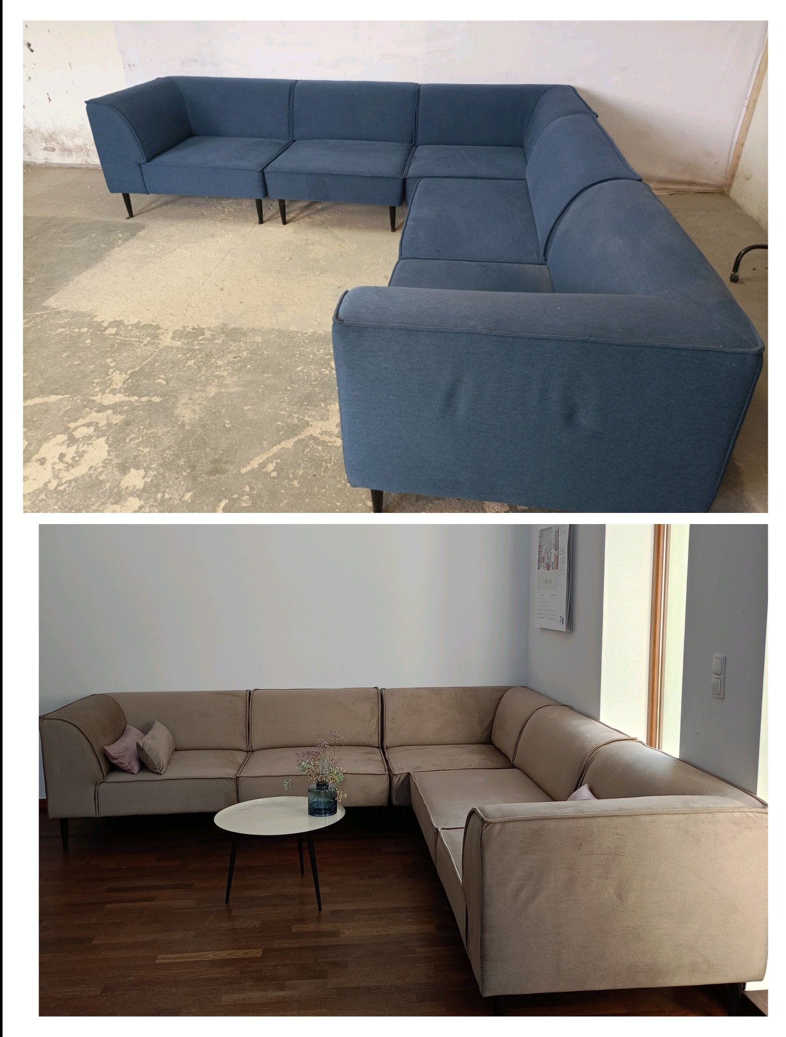 Dwa ujęcia tego samego narożnika: przed (niebieski, surowy stan) i po (beżowy, z aranżacją). Widoczne różnice w kolorze tapicerki, otoczeniu i dodatkach.