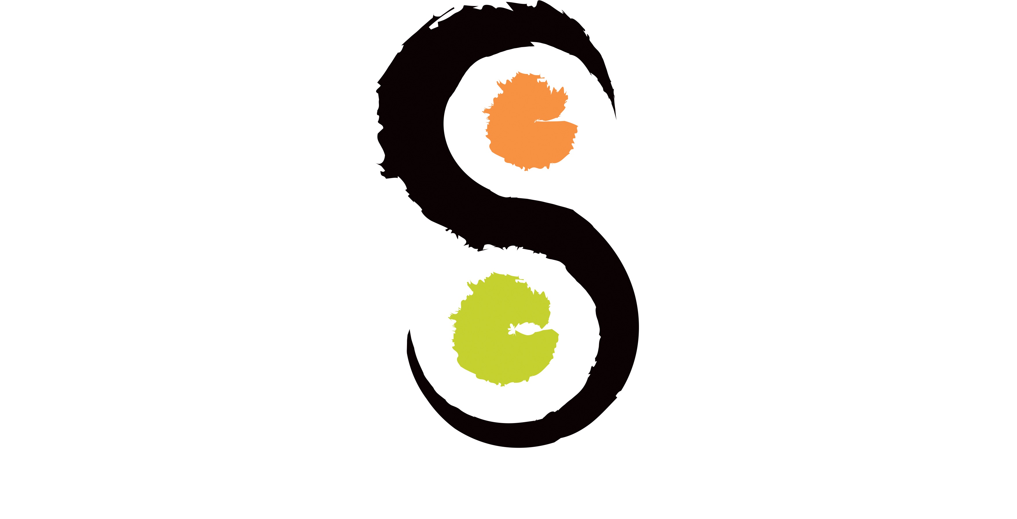 Abstrakcyjne logo przypominające literę S, wykonane pociągnięciami pędzla w kolorze czarnym, z pomarańczowym i limonkowym akcentem wewnątrz.