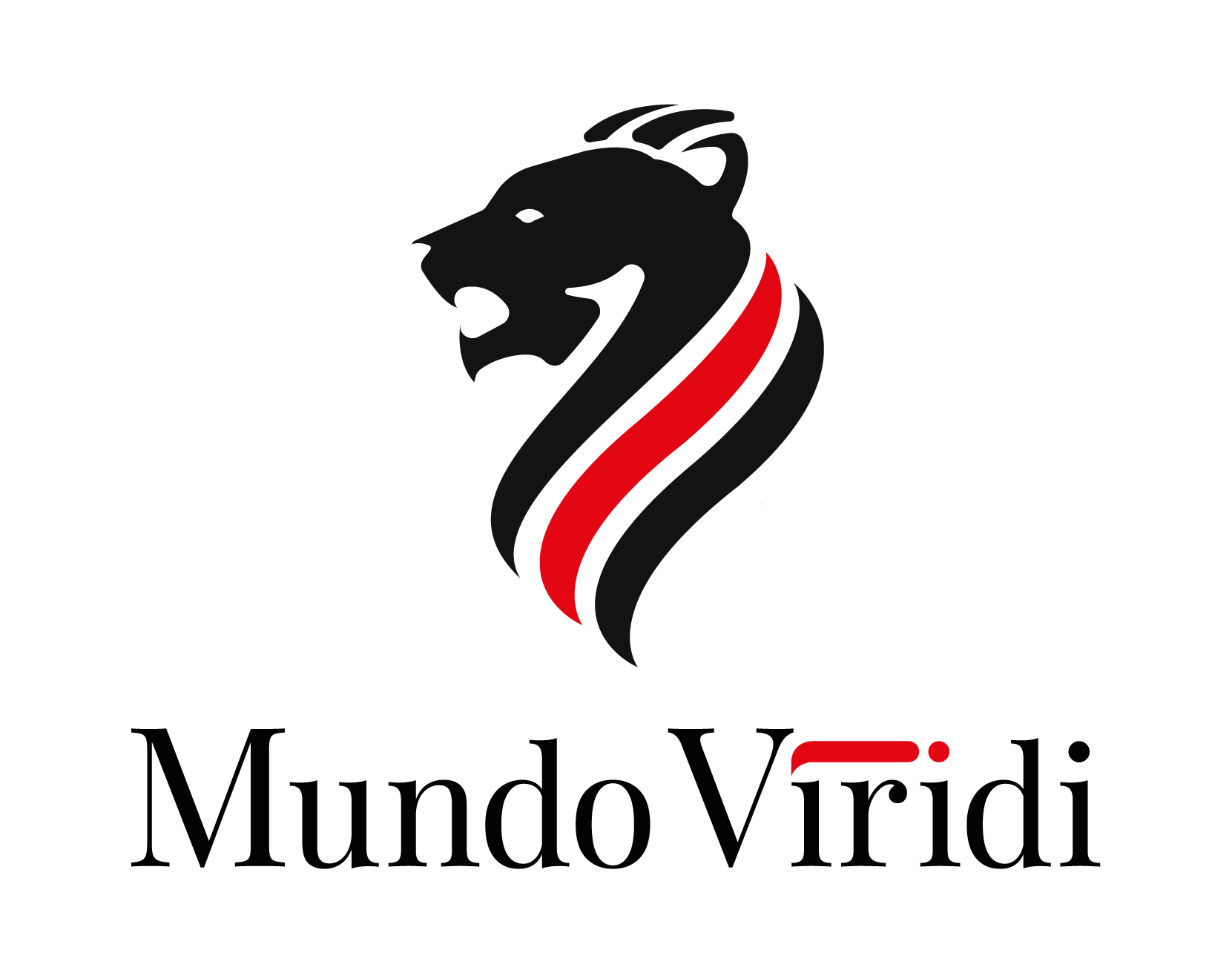 Logo firmy Mundo Viridi z czarną głową lwa z czerwoną wstęgą na białym tle. Elegancka typografia nazwy firmy.