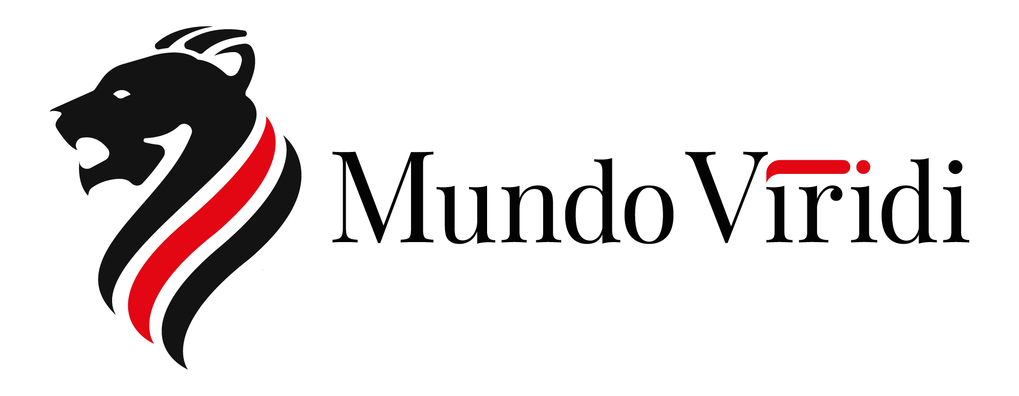 Logo firmy z czarną głową lwa z czerwonymi paskami i napisem Mundo Viridi