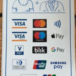 M&M Pucuś - Infografika informująca o akceptowanych metodach płatności: Visa, Mastercard, Apple Pay, Blik, Google Pay, Samsung Pay, Diners Club, UnionPay, Discover, JCB oraz płatności w różnych walutach.