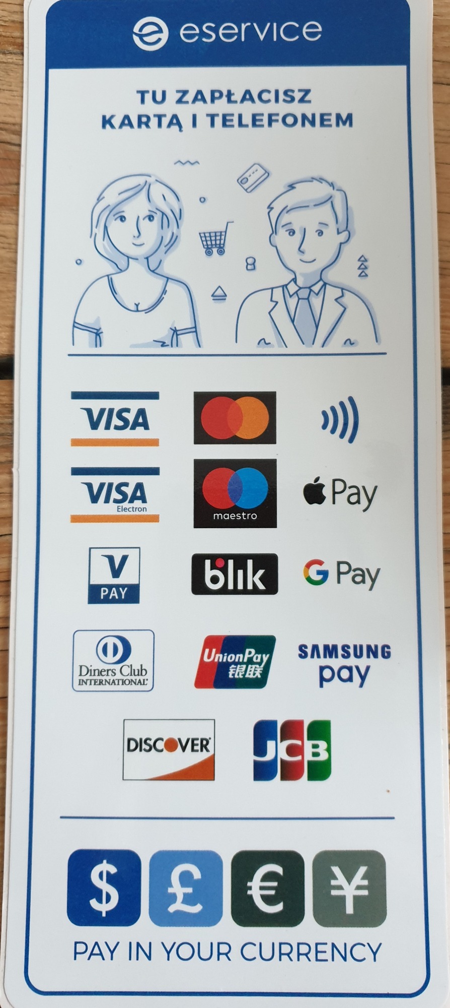 Infografika informująca o akceptowanych metodach płatności: Visa, Mastercard, Apple Pay, Blik, Google Pay, Samsung Pay, Diners Club, UnionPay, Discover, JCB oraz płatności w różnych walutach.