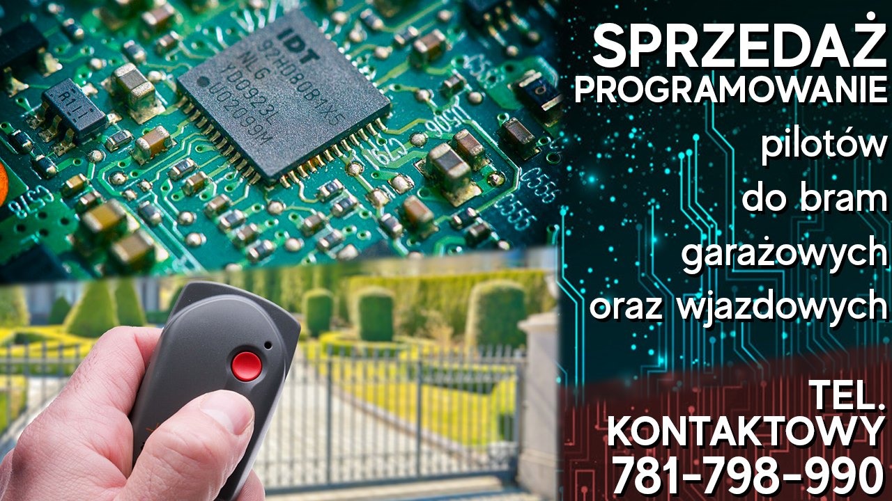 Zdjęcie reklamowe sprzedaży i programowania pilotów do bram garażowych i wjazdowych, z widoczną płytką elektroniczną i dłonią trzymającą pilot na tle bramy.
