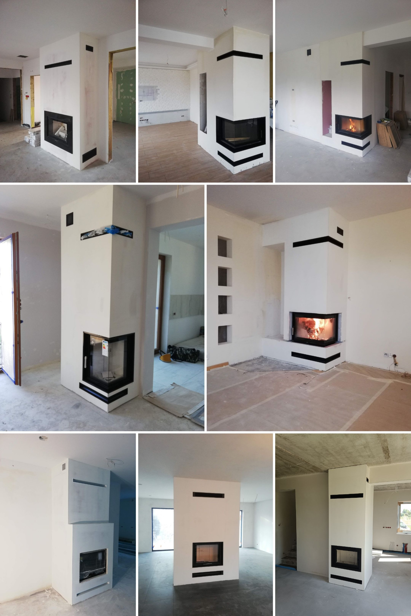 Wnętrze w trakcie wykańczania z narożnym wkładem kominkowym obudowanym białą konstrukcją z czarnymi akcentami, widoczne różne etapy prac wykończeniowych.