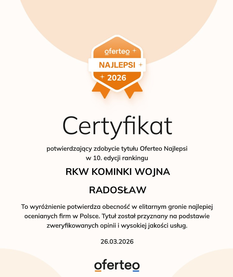 Certyfikat Oferteo Najlepsi 2026 dla RKW Kominki Wojna Radosław, potwierdzający obecność w elitarnym gronie najlepiej ocenianych firm w Polsce.