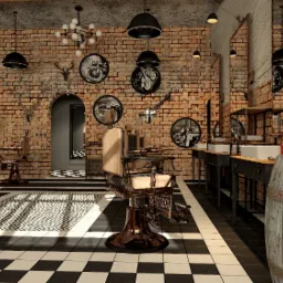 Wnętrze barbershopu w stylu industrialnym z ceglaną ścianą, czarno-białą podłogą, fotelami barberskimi i dekoracjami w postaci gramofonu i motocykli.