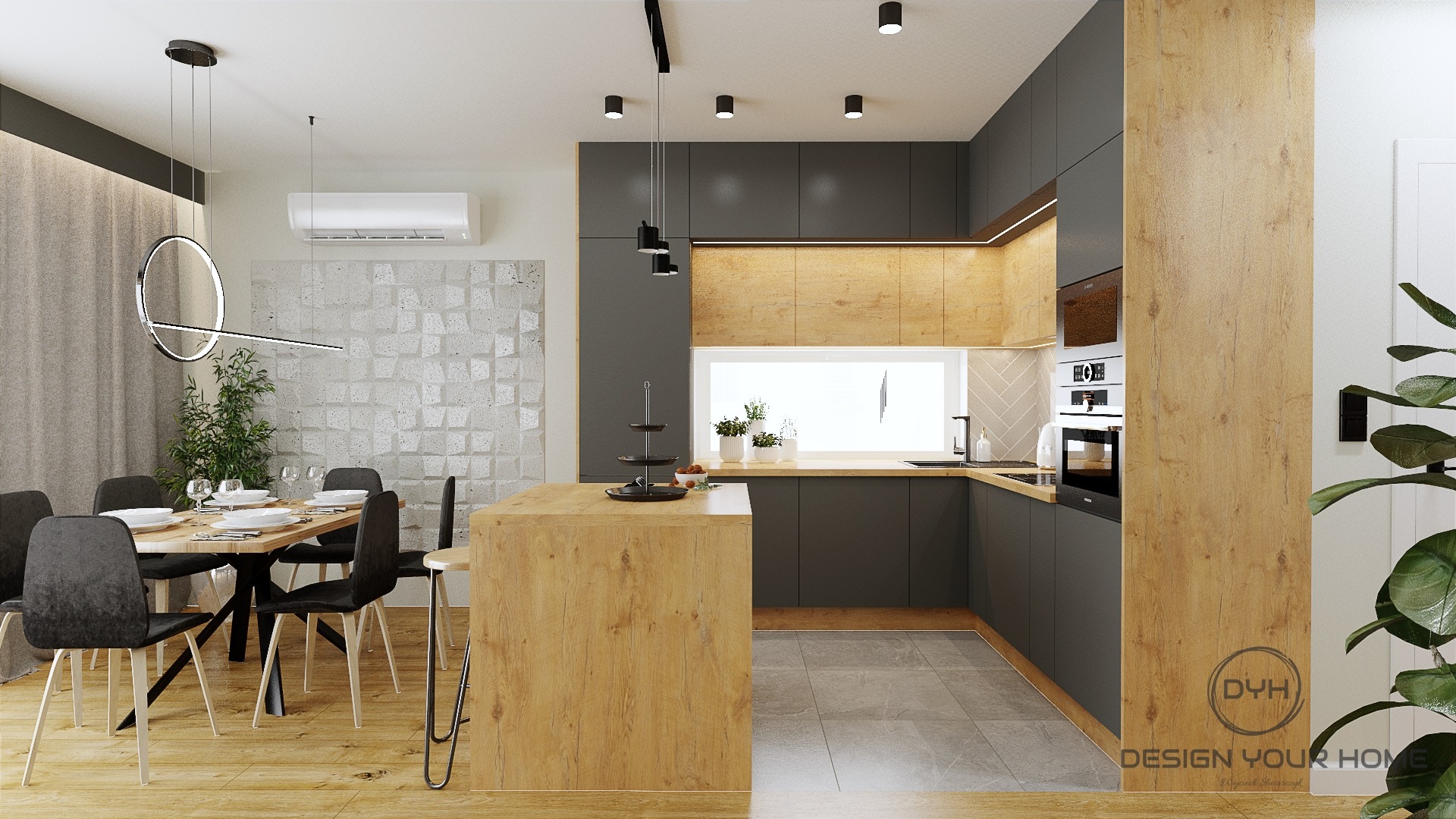 Nowoczesna kuchnia z jadalnią w Zielonki-Parcela: szare szafki, drewniane blaty, wyspa kuchenna z blatem o fakturze drewna, stół z czarnymi krzesłami i designerska lampa wisząca.
