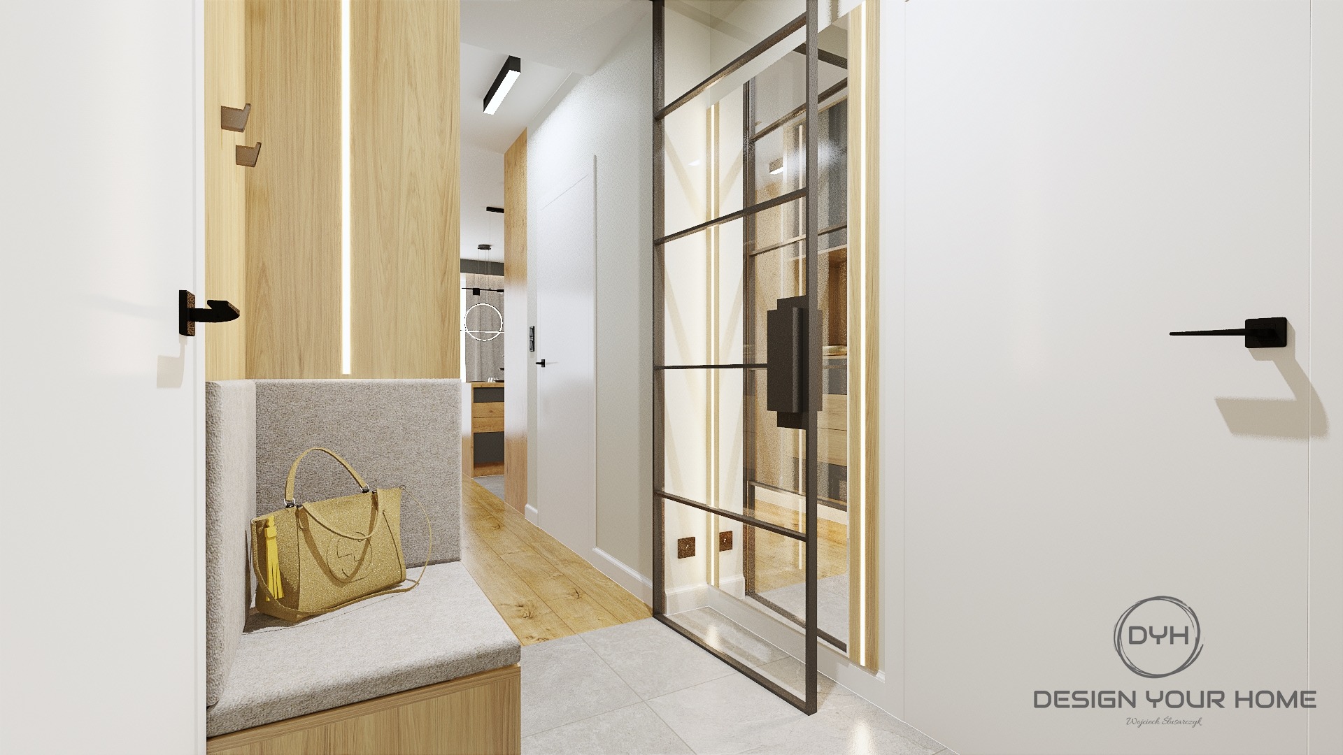 Nowoczesny przedpokój z siedziskiem obitym szarą tkaniną, torebką w kolorze złota, drewnianą ścianą z oświetleniem LED i szklanymi drzwiami w czarnej ramie, widok na dalszą część mieszkania.