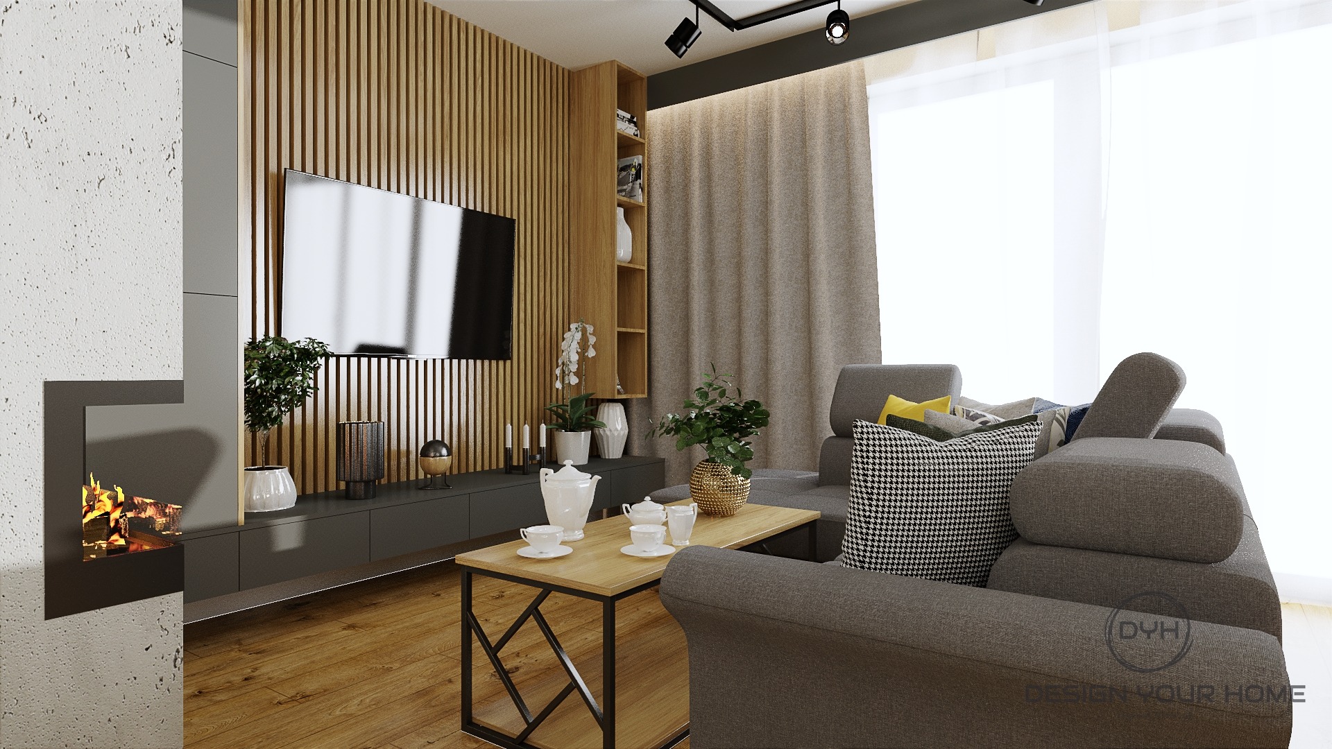 Nowoczesny salon z drewnianą ścianą, telewizorem, kominkiem, szarą sofą narożną i stolikiem kawowym z serwisem do herbaty.