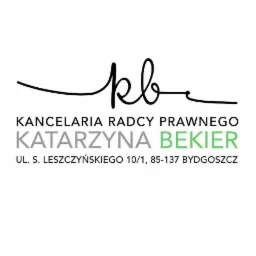Logo Kancelarii Radcy Prawnego Katarzyny Bekier z Bydgoszczy, adres Ul. S. Leszczyńskiego 10/1, stylizowane inicjały KB nad nazwą.