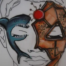 Ilustracja artystyczna przedstawiająca pół twarzy człowieka z elementami rekina i cybernetyki, wykonana w stylu szkicu z kolorowymi akcentami.