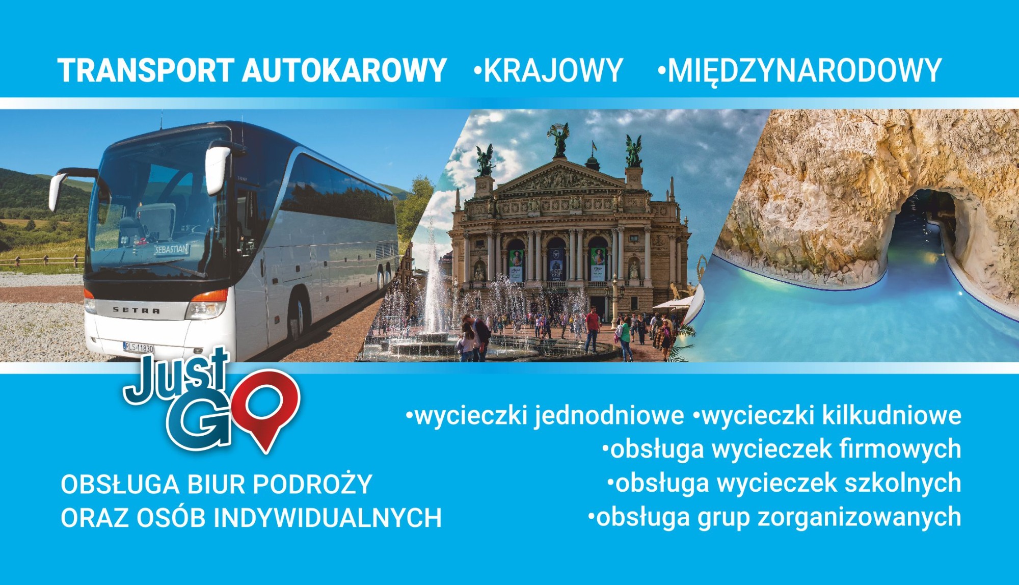 Autokar Setra na tle górskiego krajobrazu, Opera Lwowska z fontanną i sztuczna jaskinia z basenem, całość pod hasłem transport autokarowy krajowy i międzynarodowy oraz obsługa biur podróży i osób...