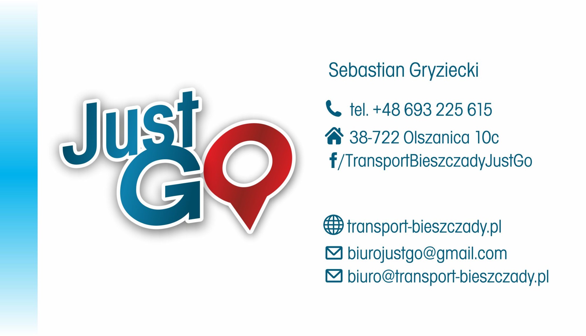Wizytówka firmy transportowej Just Go z Bieszczad, zawierająca logo, dane kontaktowe: imię i nazwisko, numer telefonu, adres, adres strony internetowej oraz adresy email.