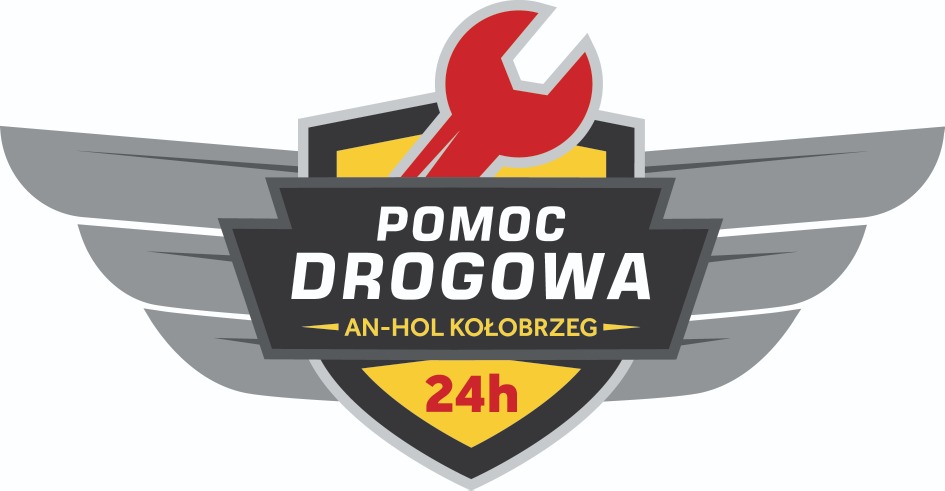 Graficzne logo firmy oferującej pomoc drogową, z czerwonym kluczem francuskim, napisem 'POMOC DROGOWA' i informacją o dostępności 24h, umieszczone na tle szarego skrzydła.