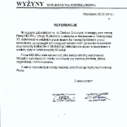Skan dokumentu referencyjnego dla firmy MG BAU Usługi Budowlane, wystawionego przez Spółdzielnię Mieszkaniową Wyżyny w Warszawie, datowany na 25.07.2019, z podpisami Zastępcy Prezesa Zarządu i Z-cy...
