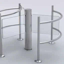 Szklana obrotowa barierka wejściowa z metalowymi poręczami i słupkami, widok perspektywiczny na jasnym tle.