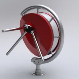 Wizualizacja 3D obrotowej bramki wejściowej z metalowymi elementami i czerwonym wypełnieniem, zamocowanej na metalowej podstawie.