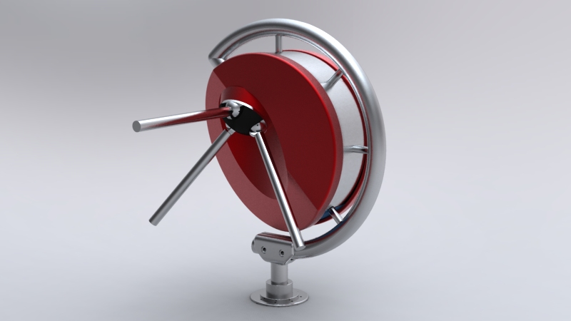 Wizualizacja 3D obrotowej bramki wejściowej z metalowymi elementami i czerwonym wypełnieniem, zamocowanej na metalowej podstawie.