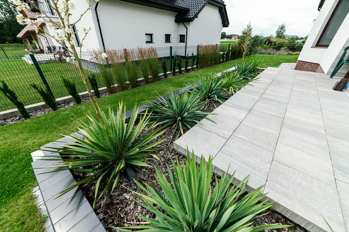 Nowoczesny ogród z minimalistycznym tarasem z jasnoszarej kostki, rabatami z jukami i ozdobnymi trawami, otoczony zielonym trawnikiem i ogrodzeniem panelowym.
