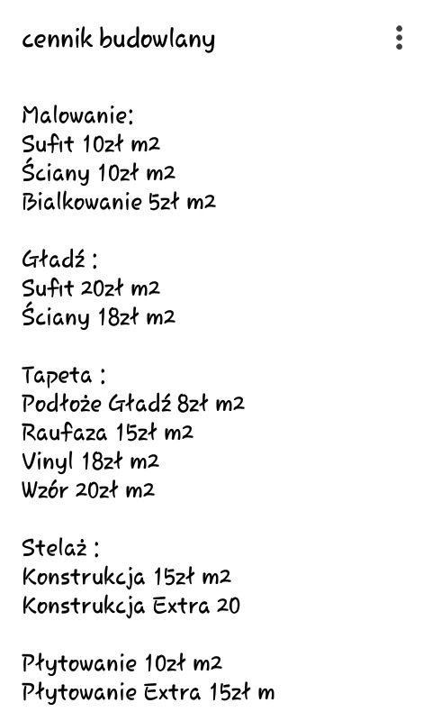 Cennik budowlany, ręcznie pisany, z wyceną malowania, gładzi, tapetowania, stelażu i płytowania.