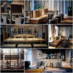 Wnętrze restauracji z różnymi strefami siedzącymi: drewniane loże z poduszkami, długi stół z zastawą, bar z hokerami i fotelami, oświetlenie punktowe i wiszące lampy.