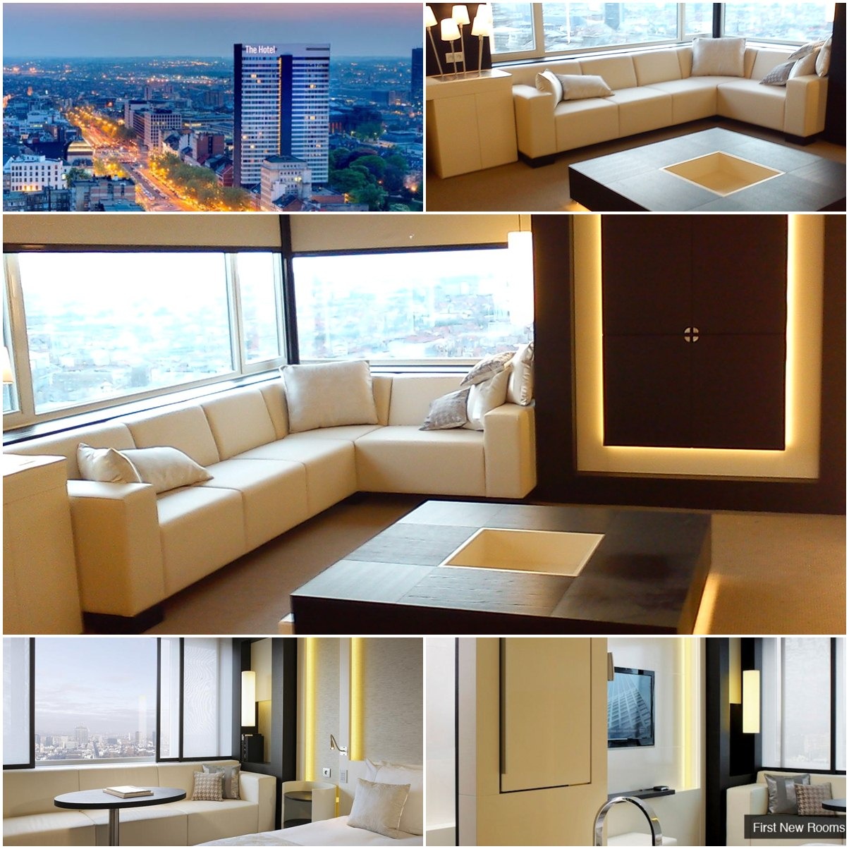 Jasny, narożny zestaw wypoczynkowy z kremowej skóry w apartamencie z widokiem na panoramę miasta, stolik kawowy z kwadratowym wgłębieniem pośrodku, nowoczesne oświetlenie i minimalistyczny design.