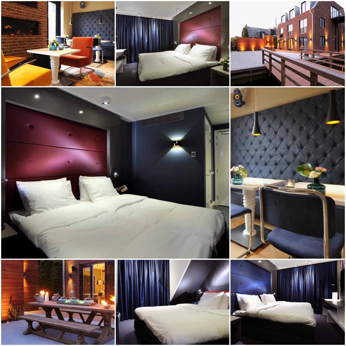 Kompozycja kolażu przedstawia aranżacje wnętrz z tapicerowanymi panelami ściennymi w różnych kolorach i stylach, w tym sypialnie z pikowanymi zagłówkami i jadalnie z krzesłami dopasowanymi do paneli.