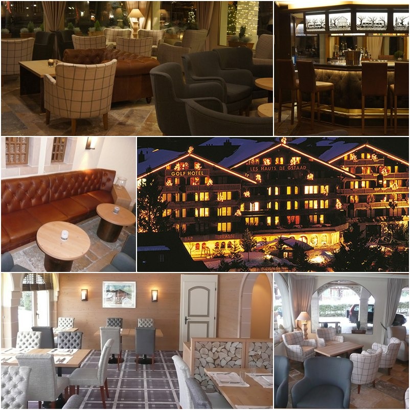 Kompozycja zdjęć przedstawiająca wnętrza hotelowe: lobby z krzesłami w kratę, bar z wysokimi stołkami, skórzaną sofę z okrągłymi stolikami, restaurację z drewnianymi panelami i widok na oświetlony...