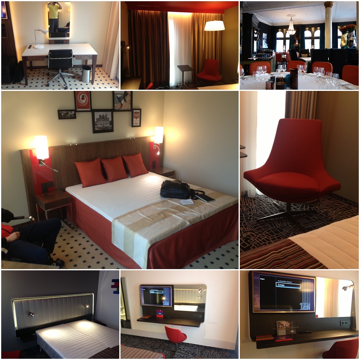 Wnętrze pokoju hotelowego z łóżkiem, biurkiem, krzesłem i telewizorem na ścianie, oświetlenie punktowe, nowoczesny design.