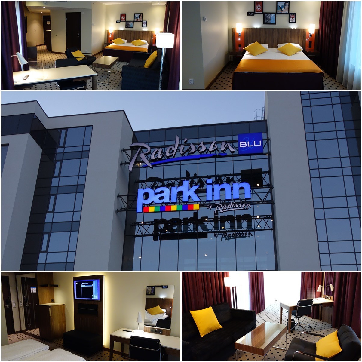 Wnętrze pokoju hotelowego z widokiem na łóżko, biurko i sofę, oraz zewnętrzny widok na budynek hotelu Radisson Blu Park Inn z dużym, podświetlanym logo.