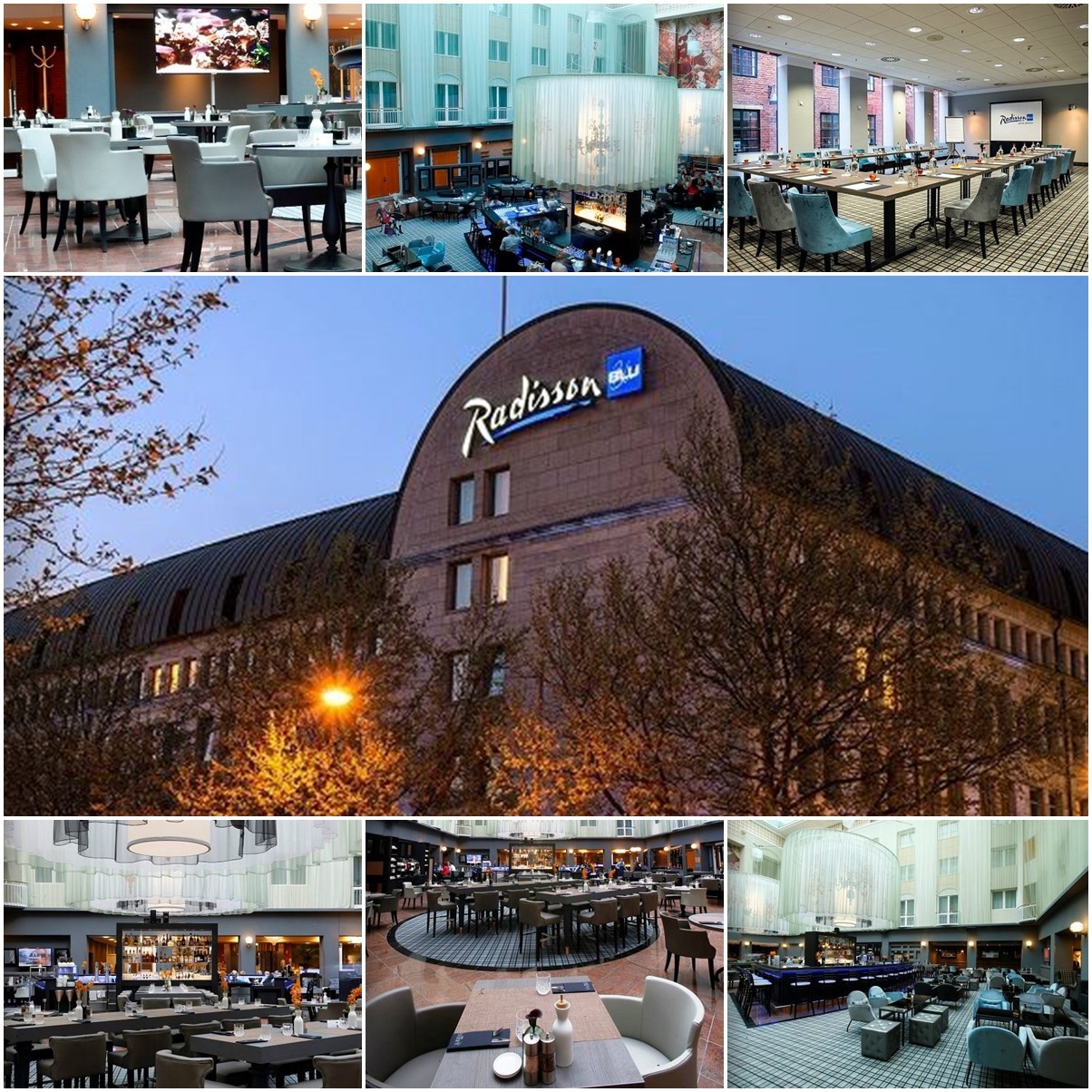 Kompozycja zdjęć przedstawiająca wnętrza i fasadę hotelu Radisson Blu, z widocznymi restauracjami, salami konferencyjnymi i atrium.