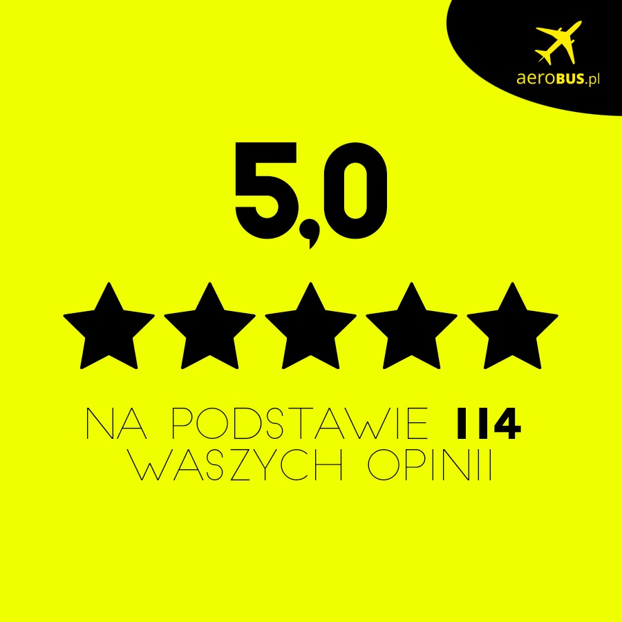 Ocena 5.0 na podstawie 114 opinii, pięć czarnych gwiazdek na żółtym tle, logo aerobus.pl w prawym górnym rogu.