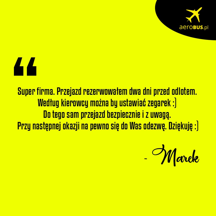 Referencja klienta dla firmy przewozowej Aerobus.pl, tekst na żółtym tle z logo firmy w prawym górnym rogu.