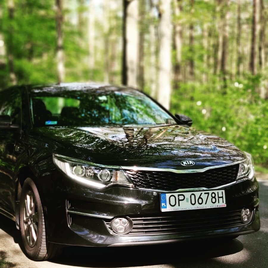 Czarny samochód marki Kia z polską tablicą rejestracyjną OP 0678H sfotografowany na tle leśnej zieleni w słoneczny dzień.