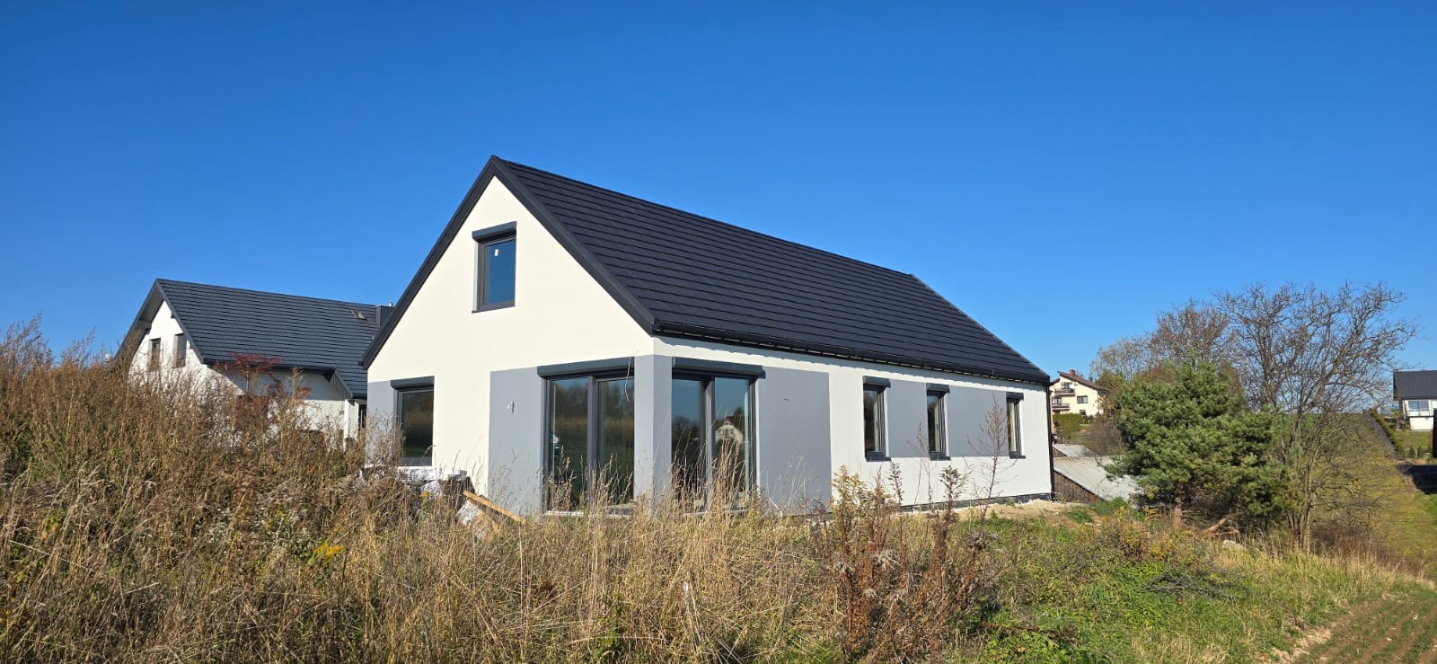 Nowoczesny dom z ciemną dachówką i szarymi akcentami, otoczony wysoką trawą. Widoczny drugi dom w tle, błękitne niebo. Ujęcie w słoneczny dzień.
