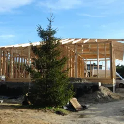 Wznoszenie konstrukcji drewnianej domu na fundamencie, widoczna surowa rama z belek, w tle zaparkowany biały bus, na pierwszym planie świerk.