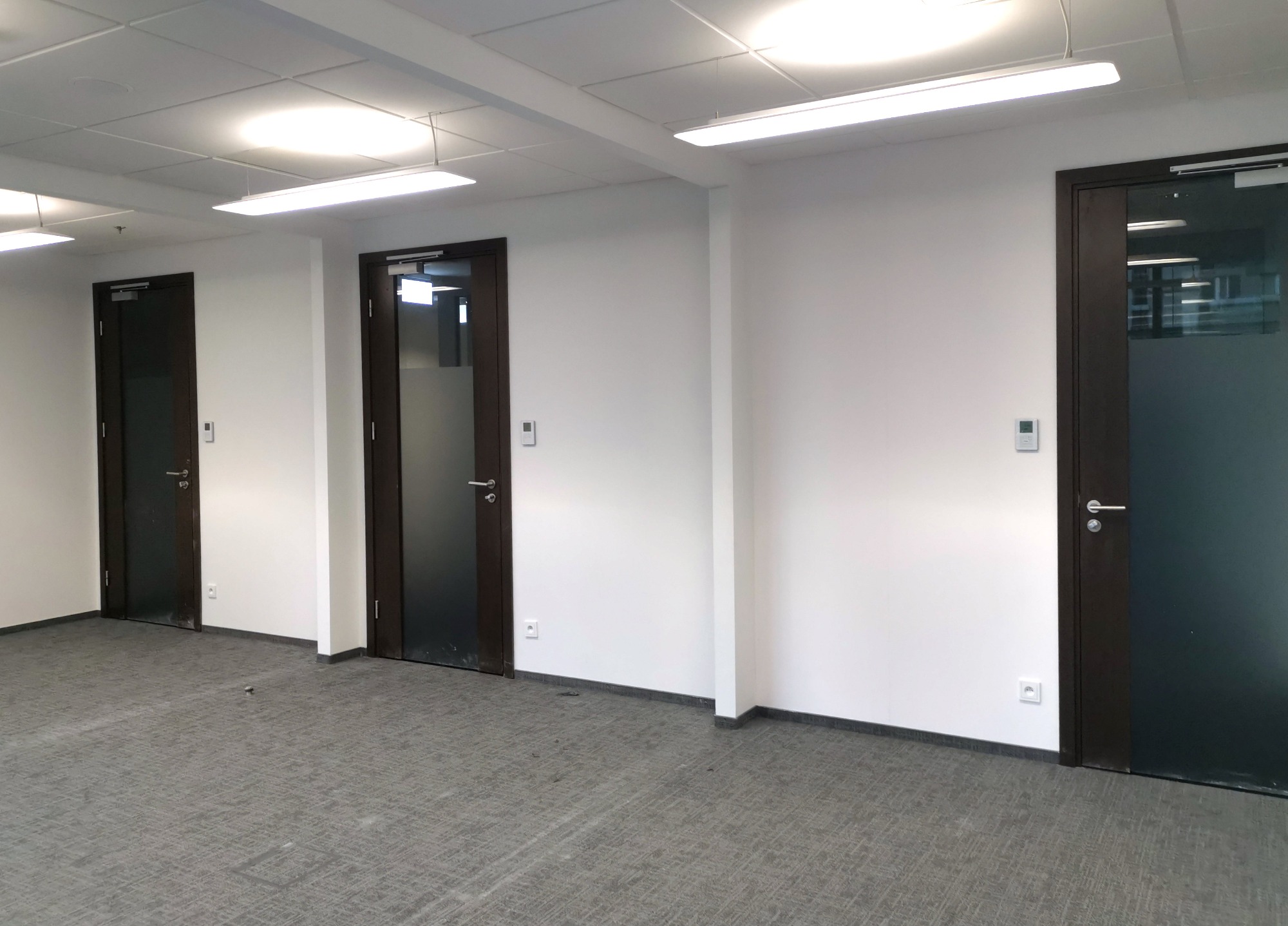 Puste biuro z trzema ciemnymi drzwiami z matowego szkła, szarym dywanem i białymi ścianami pod oświetleniem sufitowym.
