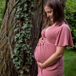Joanna Adamczak Fotografia - Kobieta w różowej sukience ciążowej, delikatnie obejmująca brzuch, opiera się o drzewo porośnięte bluszczem w plenerze.