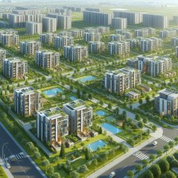 Lammos Floor - Osiedle nowoczesnych, wielopiętrowych budynków z zielonymi dachami i basenami pomiędzy nimi. Ujęcie z lotu ptaka, w tle kolejne budynki.