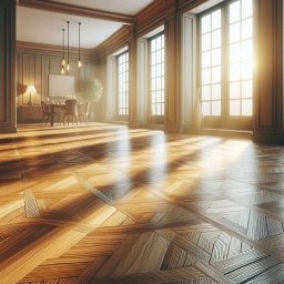 Lammos Floor - Parkiet w jodełkę francuską w eleganckim salonie z dużymi oknami, przez które wpada jasne światło. W tle stół jadalny i komoda. Klasyczny wystrój wnętrza.