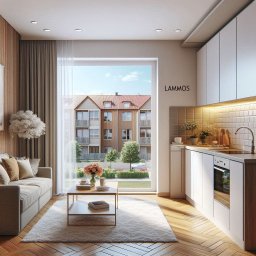 Lammos Floor - Jasne wnętrze mieszkania z parkietem w jodełkę, sofą i widokiem na budynek z balkonami przez duże okno. Minimalistyczna kuchnia z białymi szafkami.