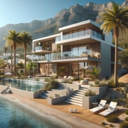 Lammos Floor - Nowoczesna, trzypiętrowa willa z basenem infinity na plaży, z widokiem na góry. Minimalistyczny design, palmy i jasne kolory. Luksusowy wypoczynek.