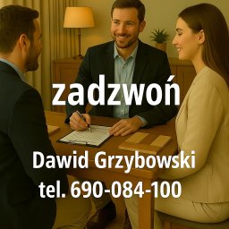 Lammos Floor - Spotkanie z agentem nieruchomości: mężczyzna podpisuje dokumenty, uśmiechnięty agent i klientka siedzą przy stole. Na pierwszym planie napis 'zadzwoń'.