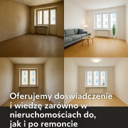 Lammos Floor - Kolaż: pokój przed i po remoncie. Na dole tekst: Oferujemy doświadczenie i wiedzę w nieruchomościach do i po remoncie. Jasne wnętrza, okna z widokiem.