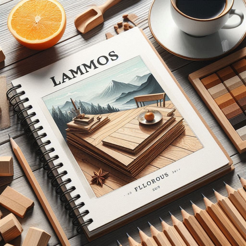 Ilustracja w notatniku: góry, stół z desek, pomarańcza na talerzu. Obok próbki kolorów drewna, ołówek i kawa. Artystyczny kadr, ciepłe barwy, kreatywna atmosfera.