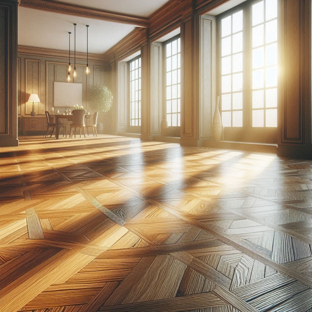 Parkiet w jodełkę francuską w eleganckim salonie z dużymi oknami, przez które wpada jasne światło. W tle stół jadalny i komoda. Klasyczny wystrój wnętrza.