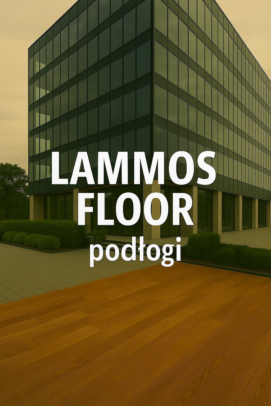 Lammos Floor: Nowoczesne podłogi drewniane na tle biurowca. Ciepłe odcienie drewna kontrastują z chłodną architekturą, tworząc elegancką kompozycję.