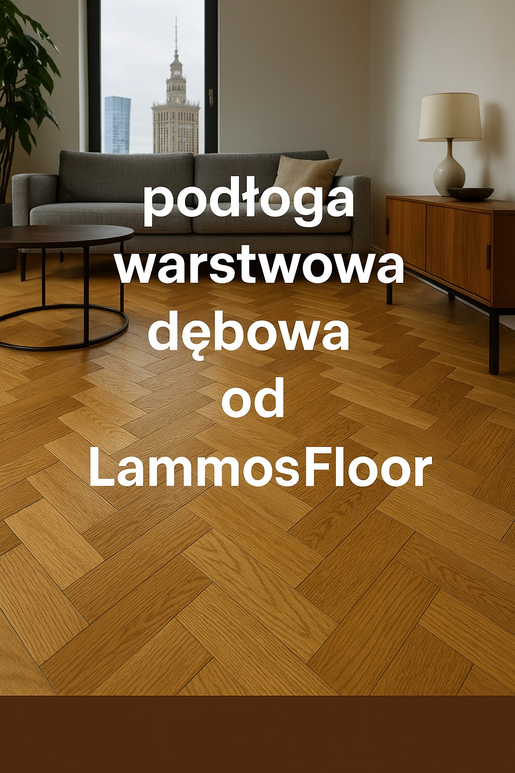 Parkiet dębowy ułożony we wzór jodełki francuskiej, z widokiem na Pałac Kultury w tle. Nowoczesne wnętrze z szarą sofą i drewnianą komodą.