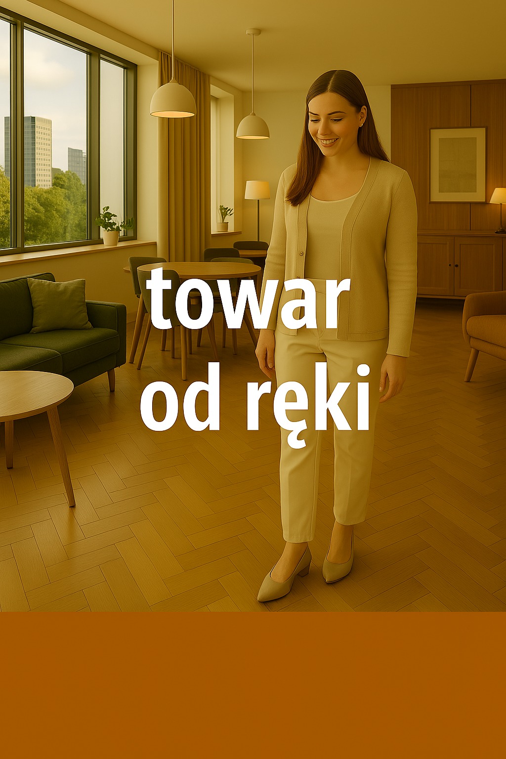 Jasna podłoga drewniana ułożona w jodełkę francuską, w tle kobieta i meble w salonie. Na zdjęciu widnieje napis „towar od ręki”.