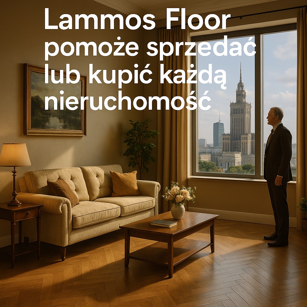Eleganckie wnętrze z parkietem w jodełkę, sofą i widokiem na Pałac Kultury. Mężczyzna w garniturze stoi przy oknie. Tekst: Lammos Floor pomoże sprzedać/kupić nieruchomość.
